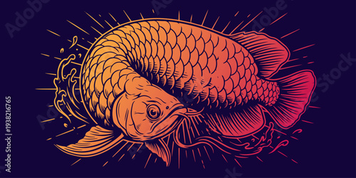 Detailed Arowana dragon fish line art vector illustration collection featuring premium aquatic animal mascot logo emblem design bundle graphics pack