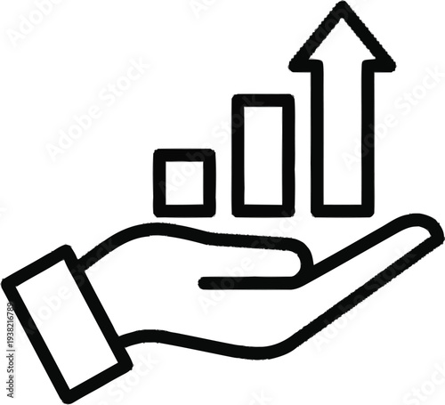Growth chart icon, showing hand supporting rising bar graph with upward arrow, depicting business progress