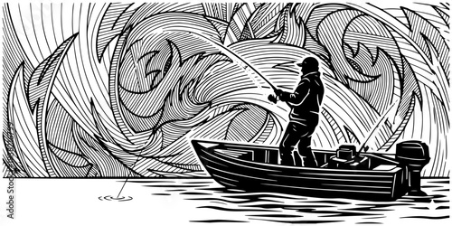 Premium vector illustration of solitary fisherman casting rod from motorboat amidst swirling waves designed for outdoor adventure icon bundle assets