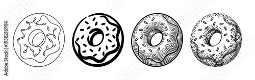 Four stylized donuts with various artistic rendering techniques create a delightful dessert collection.