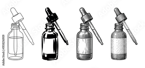 Dropper bottle and pipette illustrations in various artistic styles showcasing different engraving and drawing techniques for cosmetic or medical use.