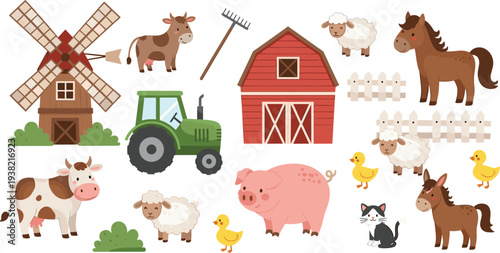 Farm Animals and Rural Elements Set with Barn Tractor Windmill Cow Pig Sheep Horse Chicken Cartoon Vector Illustration