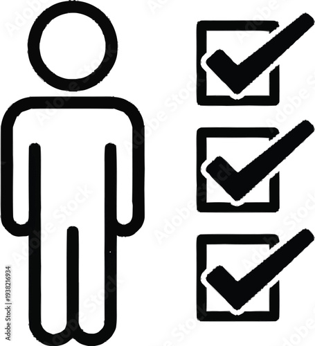 Person with completed checklist marks, task management and project completion on checkered background in eps format