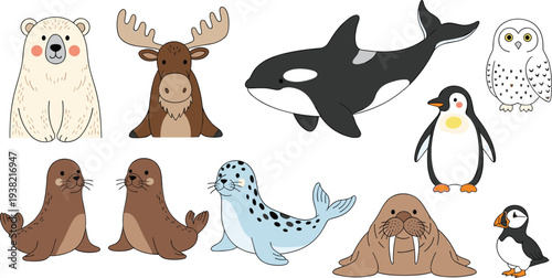 Arctic Animals Cartoon Set with Polar Bear Moose Orca Penguin Seal Walrus and Puffin Vector Illustration