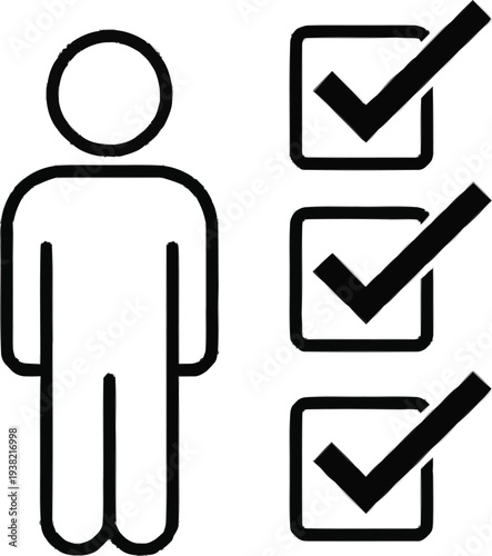 Person with multiple completed tasks and check marks, project completion on checkered background in eps format