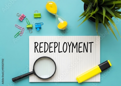 Redeployment concept. Moving employees from one department, project and role to another organization. Notepad with a message on the table.