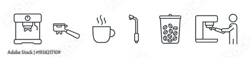 Coffee making equipment and accessories line icons set illustrating various steps of the brewing process.