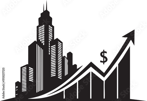A black and white graphic depicting a city skyline with a rising stock market graph and dollar sign symbolizing financial growth and prosperity