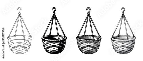 Set of hanging baskets with different textures and styles, perfect for plant illustrations and garden-themed designs.