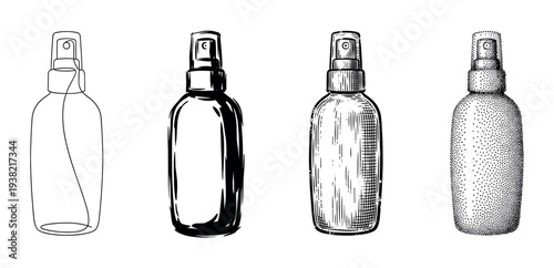 Four different styles of spray bottles are depicted in various artistic illustration techniques, showcasing diverse design options for packaging.