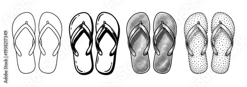 Flip-flops are displayed in a row, each pair rendered with a distinct artistic black and white style.