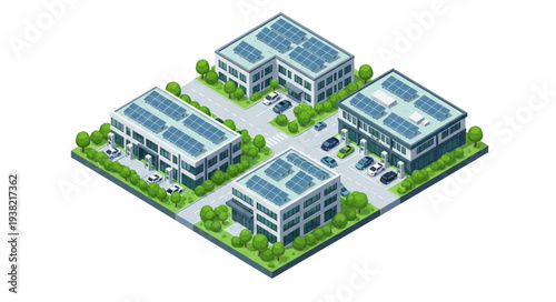 Modern office buildings with solar panels on roofs.