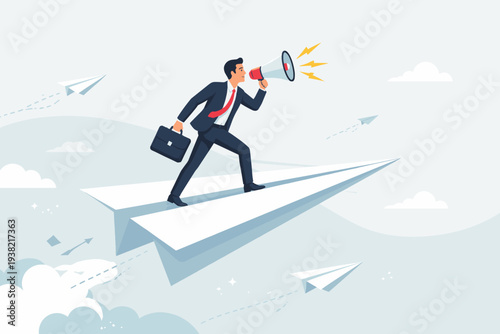 Businessman standing on a flying paper plane shouting into a megaphone for marketing announcement and business promotion. Concept of communication, leadership, and startup growth in the sky.