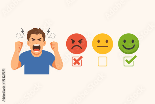 Angry Man Shouting with Customer Satisfaction Survey Emoticons, Negative Feedback and Bad Service Rating Concept, User Experience Opinion with Angry Neutral and Happy Faces Vector Illustration