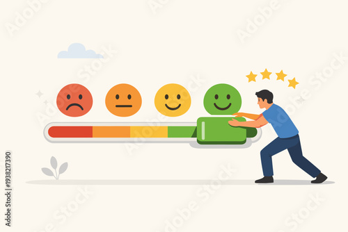 Man pushing a rating scale to the highest level for customer satisfaction and feedback survey, featuring colorful emoji faces and five stars representing excellent service and product quality.
