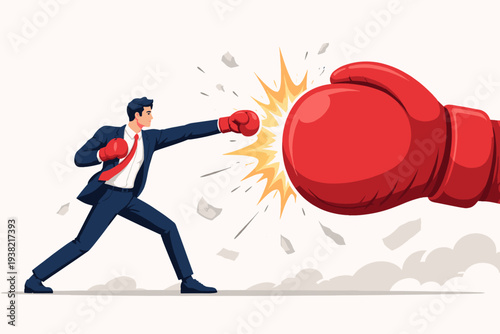 Professional businessman in a suit wearing red boxing gloves punching a giant glove, conceptual illustration of debt management, financial freedom, overcoming challenges, and business struggle.