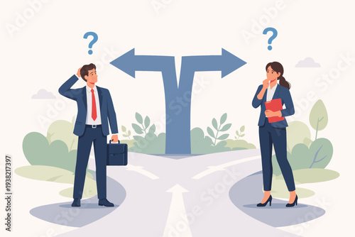 Business man and woman standing at a crossroad with arrows pointing in opposite directions, feeling confused and uncertain about which path to take for their career or corporate strategy.