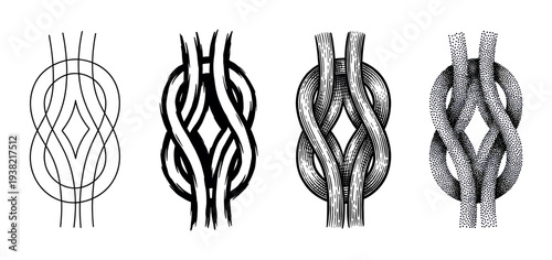 Four different stylized knot designs showcasing various artistic rendering techniques, from simple outlines to intricate dotwork, illustrating diverse graphic styles.