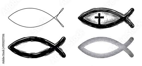 Christian fish symbols in various artistic styles showcasing different graphic interpretations of the ancient religious emblem.