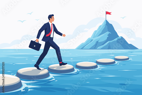 Businessman walking on stepping stones across the ocean towards a mountain peak with a red flag, representing career success, progress, milestones, and the path to achieving business goals.