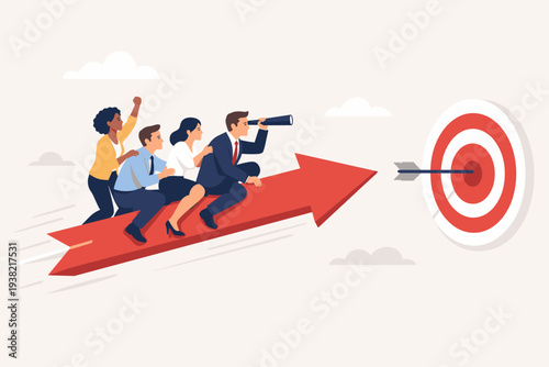 Diverse Business Team Riding a Large Red Arrow Towards a Target Bullseye, Leader Using Telescope for Vision and Strategy, Concept of Teamwork, Achievement, Success, and Reaching Corporate Goals