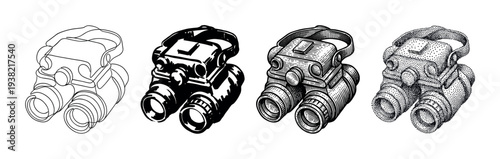 Night vision goggles optical device illustration set featuring different artistic drawing styles including outline, solid, hatching, and stippling.