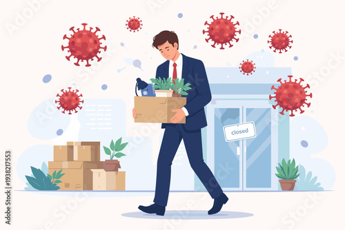 Sad Businessman Carrying Box of Belongings Leaving Office After Being Fired or Laid Off Due to COVID-19 Coronavirus Pandemic Economic Crisis and Business Closure with Closed Sign on Door