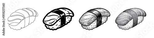 Four different styles of sushi nigiri illustrations showcasing various artistic techniques in monochrome.