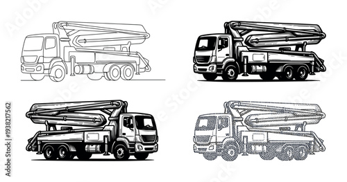 Concrete pump truck construction vehicle illustration set showcasing various artistic styles for heavy machinery.