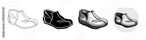 Four different styles of a single shoe are presented in a black and white vector illustration, showcasing various artistic rendering techniques.