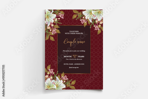 WEDDING INVITATION FRAME WITH FLOWER DECORATIONS AND FRESH LEAVES