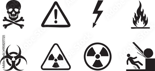 Collection of hazard warning symbols including biohazard radiation and toxic