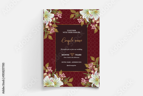 WEDDING INVITATION FRAME WITH FLOWER DECORATIONS AND FRESH LEAVES