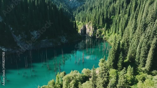 Turquoise mountain lake surrounded by dense evergreen forest and steep rocky cliffs under clear sky.