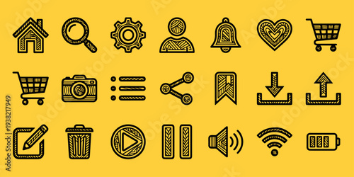 Hand drawn doodle vector illustration icon pack featuring rough sketchy interface symbols for web mobile application UI navigation multimedia bundle