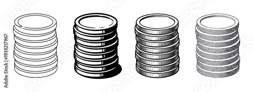 Four stacks of coins in various stylized black and white illustrations representing financial growth and savings.