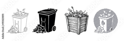 Compost bins and organic waste illustrations showcase different styles of eco-friendly food waste management.