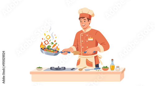 Chef cooking healthy food in a professional kitchen.