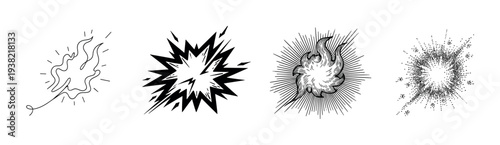 Set of four hand drawn explosion effects and energy bursts in a variety of styles, perfect for graphic design projects.