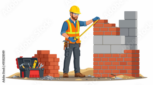 Construction worker building a brick wall with tools.