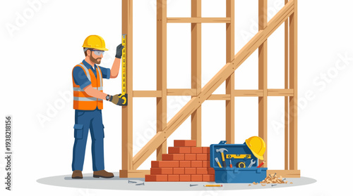 Construction worker measuring wooden frame with tape measure.