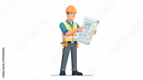 Construction worker studying blueprints on a white background.