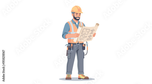 Construction worker reviewing blueprints on a white background.