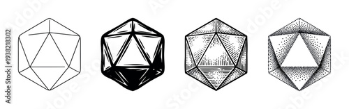 Icosahedron geometric shapes presented in various artistic illustration styles for abstract design elements.