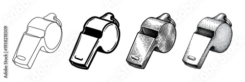 Four distinct artistic styles of whistles are presented in a black and white vector illustration, showcasing various rendering techniques.