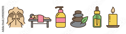 Spa and wellness treatment icons collection representing various relaxation and therapy elements for health.