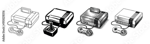Retro video game consoles and controllers illustration in various artistic styles, showcasing classic gaming technology.