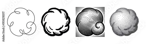 Abstract graphic forms are presented in diverse illustration styles, ranging from simple lines to detailed stippling.