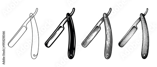 Four straight razors are presented in a collection of distinct vintage illustration styles, perfect for barbershop branding.