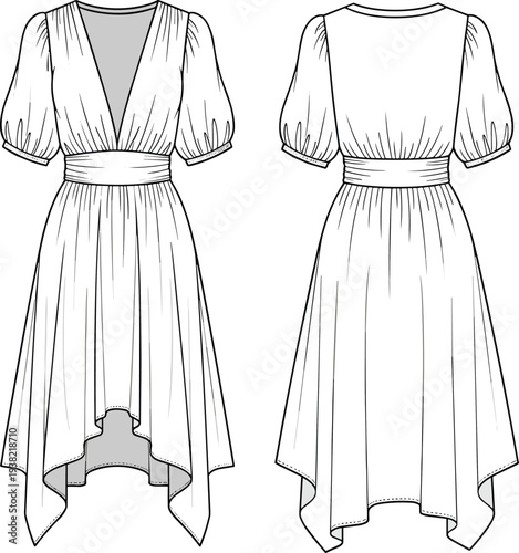 Elegant high-low hem dress, fashion technical drawing, front back view, puff sleeves, V-neck waist, pleated midi vector outline garment template